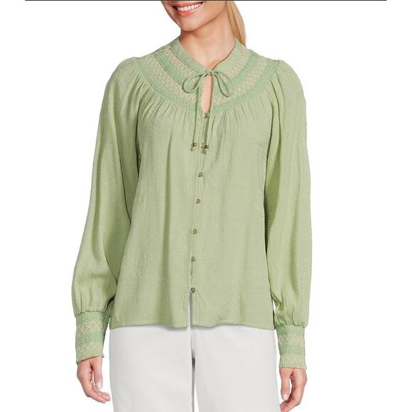 Westbound Tops - Nurture by west bound Citrus Green Long Sleeve Blouse 1X